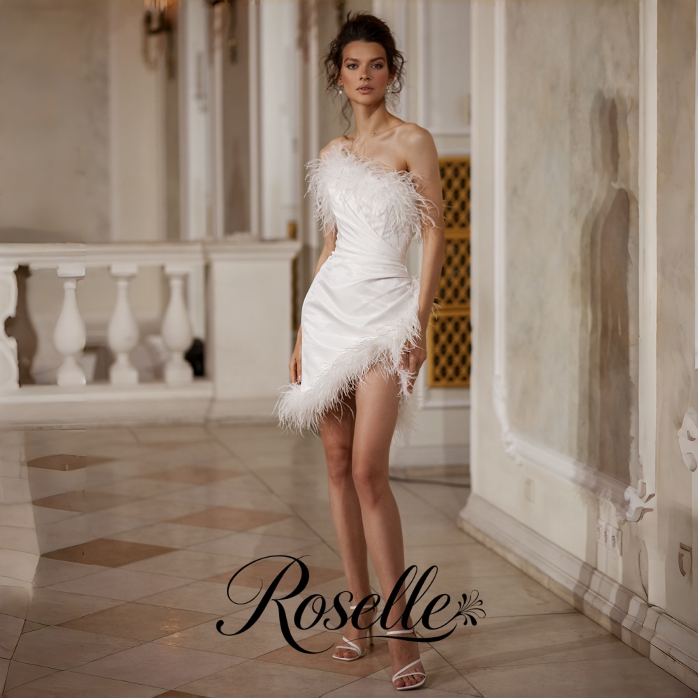 Wedding Qw - ROSELLE Mini Strapless Schede Trouwjurk Veren